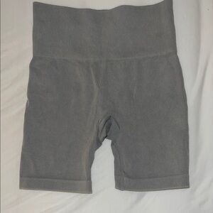 Gray Ribbed High-Waist Biker Shorts